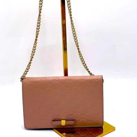 Auth Gucci Wallet On Chain Pink Beige Bow Guccisima Leather Gold Chain Strap Ex+ - Picture 13 of 16